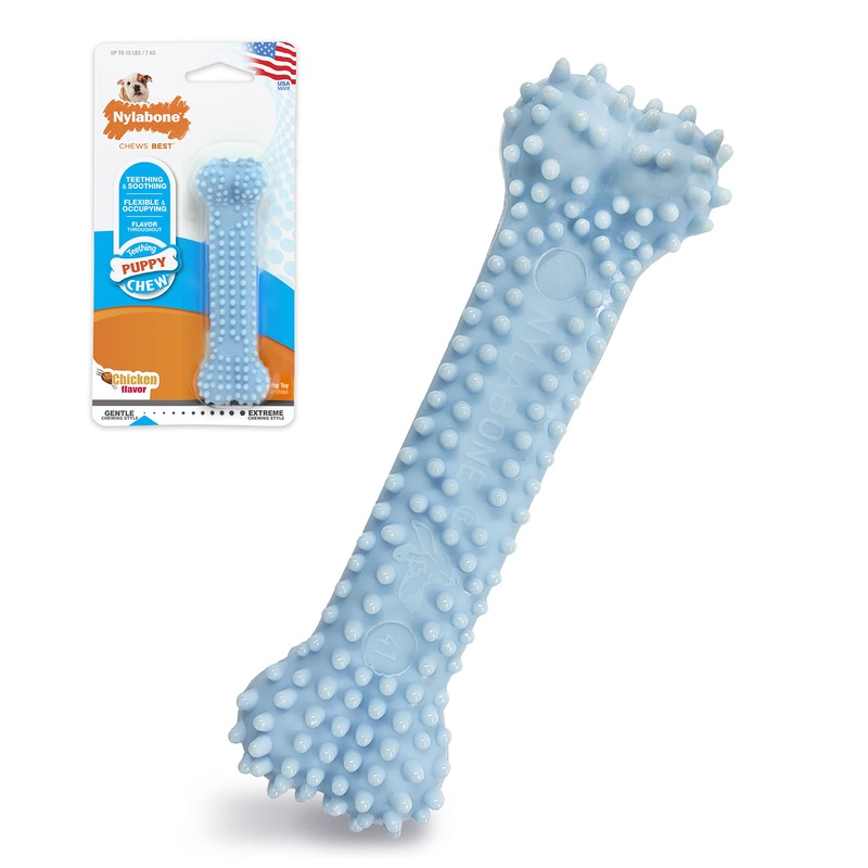 Nylabone Puppy Teething & Soothing Flexible Chew Toys, For Teething Puppies X-Small/Petite – Up to 15 lbs. Blue Bone Chicken XS (Pack of 1)