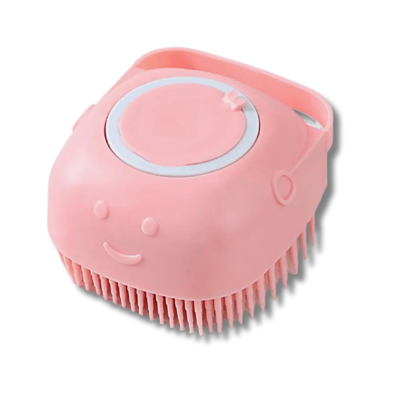 Pretza Multi-Functional Pet Bath & Massage Brush: Shampoo Dispenser, Soft Silicone Brush, Rubber Bristle for Dogs and Cats (Pink) Pink