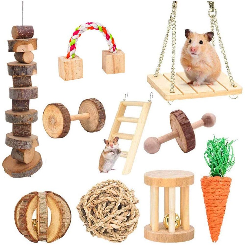 Supmaker Hamster Chew Toys, Guinea Pig Toys Natural Wooden Gerbil Rats Chinchillas Toys Accessories Dumbbells Exercise Bell Roller Teeth Care Molar Toy for Birds Bunny Rabbits Gerbils