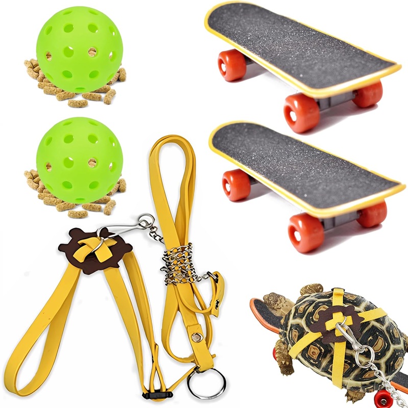 Turtles Playing and Training Toys Set, 1 Adjustable Tortoise Leash 2 Reptile Skateboards 2 Treat Ball, Turtle Fast Skate Accessory Funny Pet Mini Walking Skateboards for Parrot(Yellow Small) Yellow Small