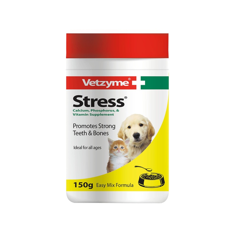 Vetzyme | Stress Powder for Dogs & Cats, Promotes Strong Teeth and Bones | Balanced Multi-Mineral and Vitamin Supplement | Easy Mix formula (150 g)