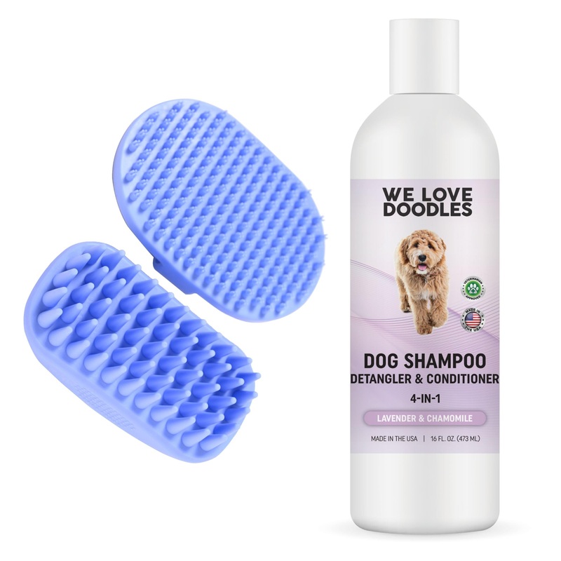 We Love Doodles Bundle 4-in-1 Non-Organic Dog Shampoo (Lavender & Chamomile) and Dog Bath Brush – Pet Rubber Brush for Shower Scrubbing & Soothing Massage, Essential Puppy Grooming Accessories
