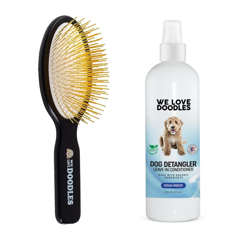 We Love Doodles Pin Brush for Dogs & Ocean Breeze Dog Detangler Spray Bundle – Goldendoodle Pin Brush & Detangler Spray Kit – Brush for Removing Loose Fur & Dematting Spray Made in USA