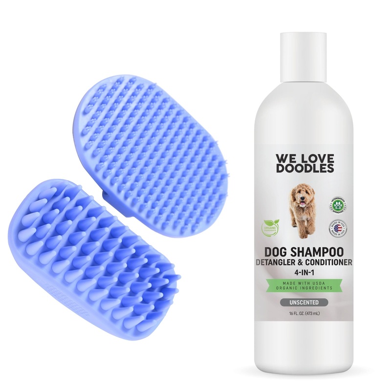 We Love Doodles Unscented Dog Shampoo & Bath Brush – Made in USA, Organic Ingredients, for Goldendoodles and Doodles& Puppies, Best Smelling, Pet Rubber Brush for Shower Scrubbing & Soothing Massage
