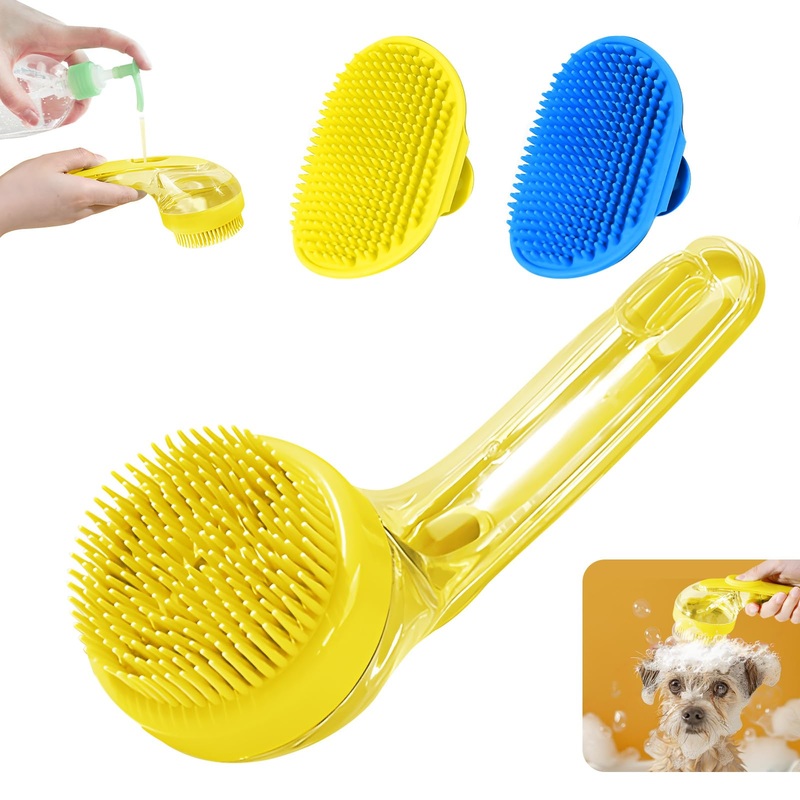 3Pcs Dog Bath Brush, Dog Scrubber for Bath, Dog Shampoo Brush Bubble Maker, Dog Paw Washer, dog grooming Massage Brush with Adjustable Ring Handle, dog accessories for Short & Long Hair -Blue Blue