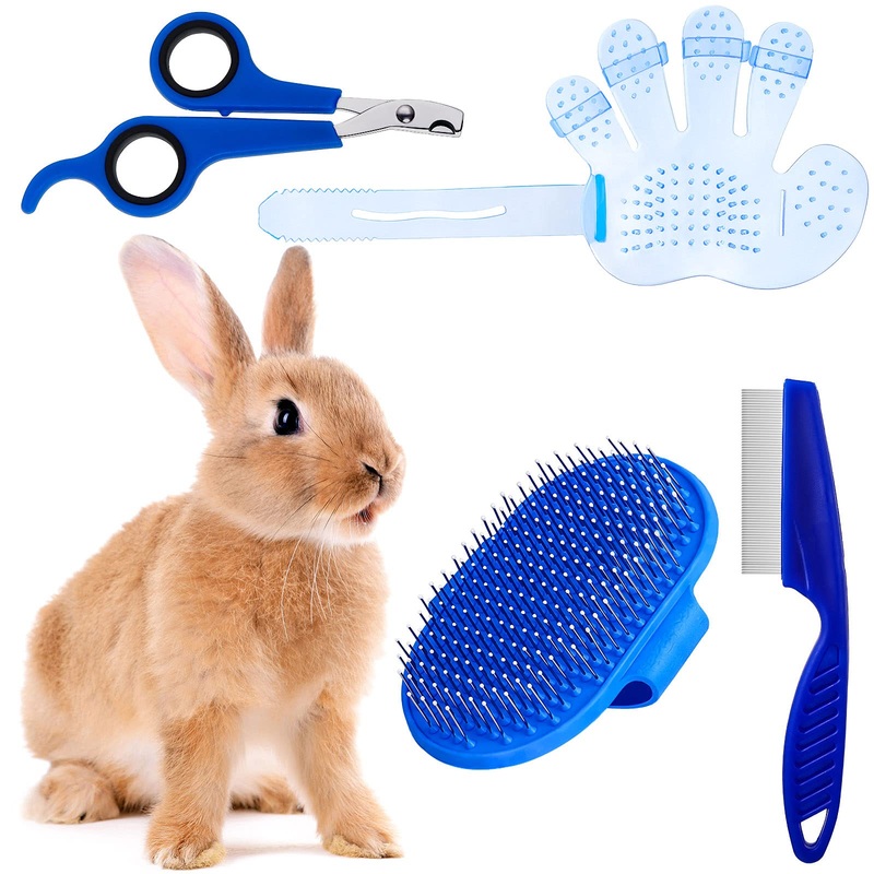 4 Pieces Rabbit Grooming Kit with Rabbit Grooming Brush, Pet Hair Remover, Pet Nail Clipper, Pet Comb, Pet Shampoo Bath Brush with Adjustable Ring Handle for Rabbit, Hamster, Bunny Blue