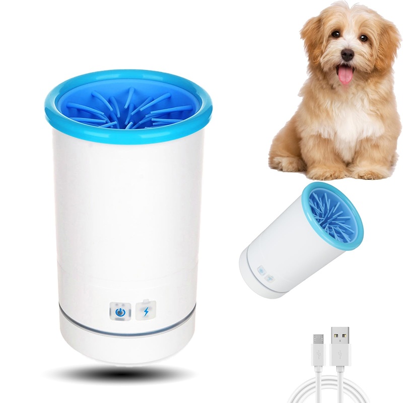 Automatic Dog Cleaner, Soft Electric Washer USB Rechargeable Portable Cleaner Cup, Dog Foot Cleaning Machine for Small to Medium Dogs Cats (White Blue) M White Blue