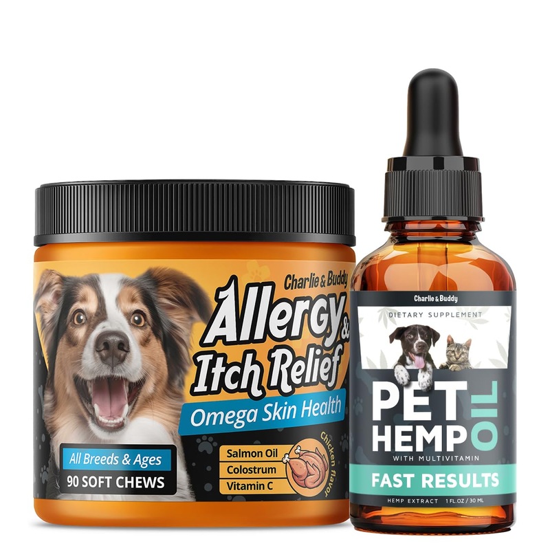 Charlie & Buddy Hmp il for Dogs Cats, Dog Allrgy Chews, Immun Support & Ith Rlief for Dogs
