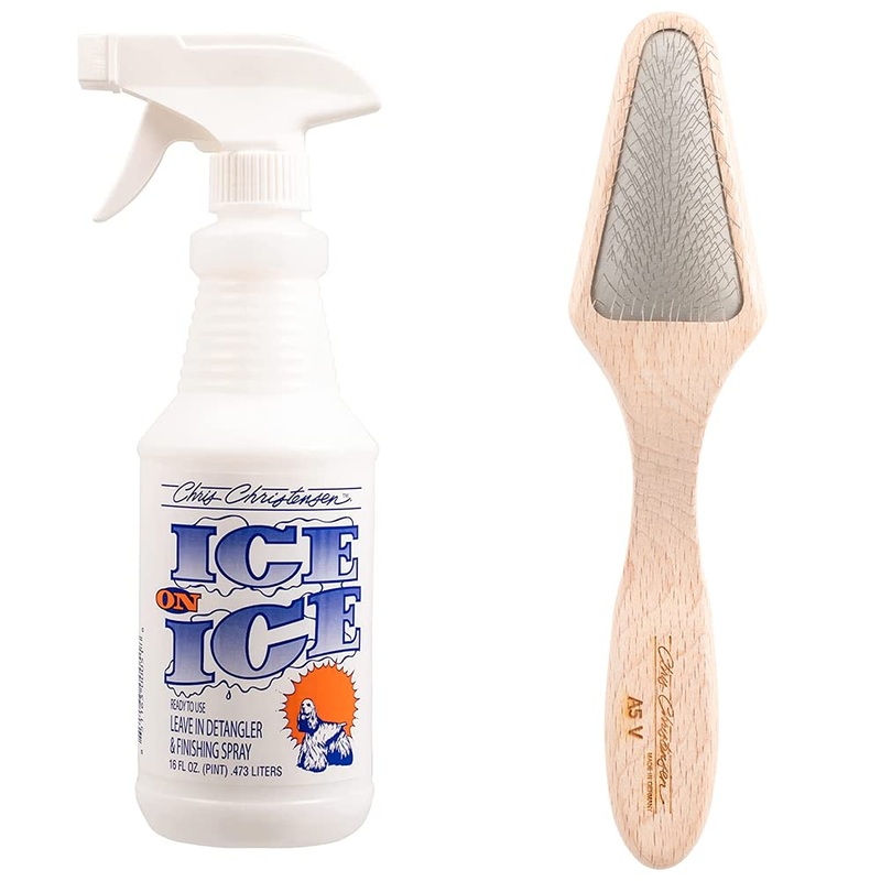 Chris Christensen Detangler & Finishing Spray Bundle: Ice on Ice Detangler – Adds Elasticity & Strength, Mark V Triangle Slicker Brush with Stainless Steel Pins