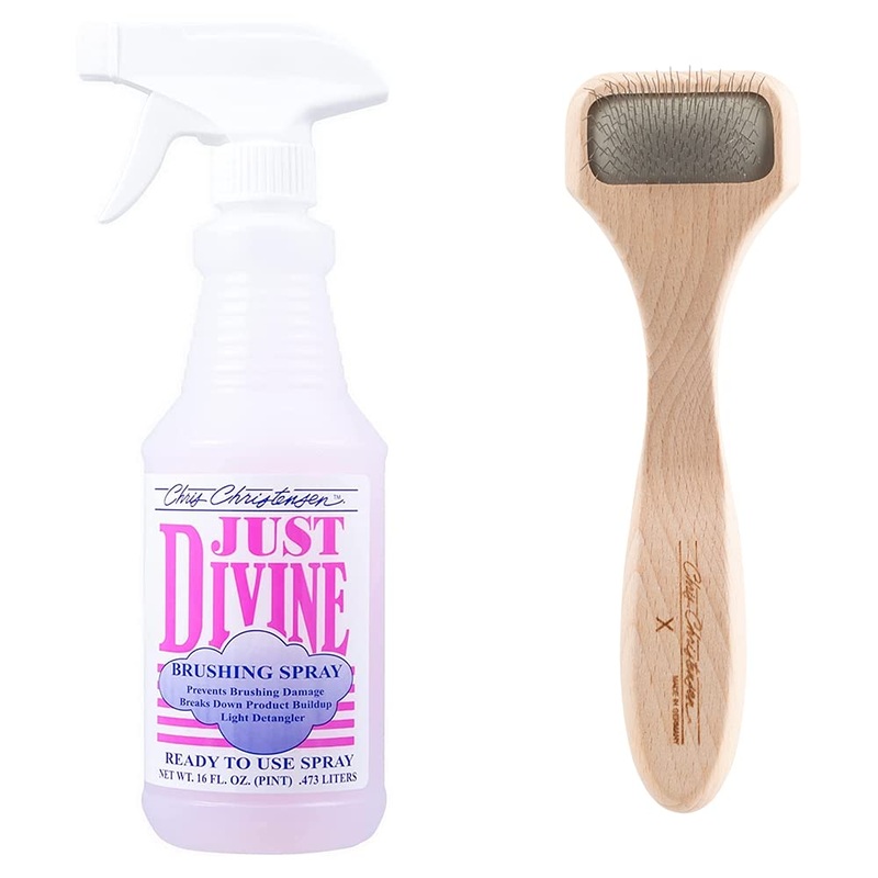 Chris Christensen Grooming Bundle – Just Divine Ready to Use Brushing Spray for Dogs, Prevents Brushing Damage, Light Detangler – Mark X Tiny Slicker Dog Brush, Round Ground Stainless Steel Pins