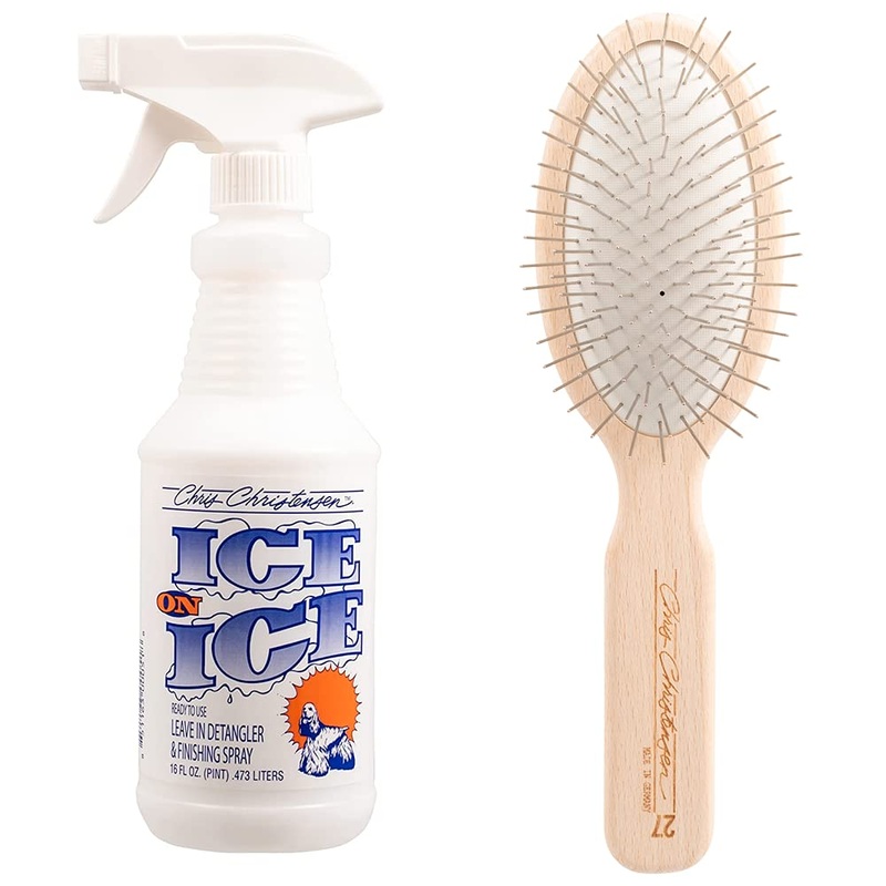 Chris Christensen Ice on Ice Detangle and Finishing Spray + 27mm Oval Original Series Brush: Adds Elasticity & Strength – Stainless Steel Pins, White