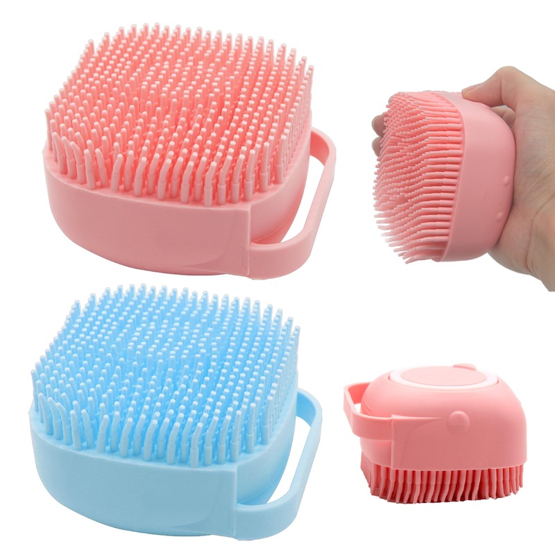 Pet Bath Brush Scrubber, Soft Silicone Shampoo Dispenser with Shower Grooming & Adjustable Ring Handle for Short/Long Haired Dogs and Cats, Pink+Blue 1PCS