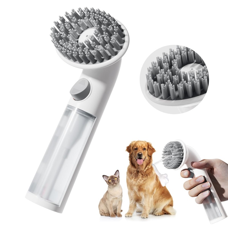 Pet Bath Brush Shampoo Dispenser for Cats Dogs, Cat Clean & Massage Brush with Soft Silicone Bristles for Pet Grooming Washing (White & Grey) White & Grey