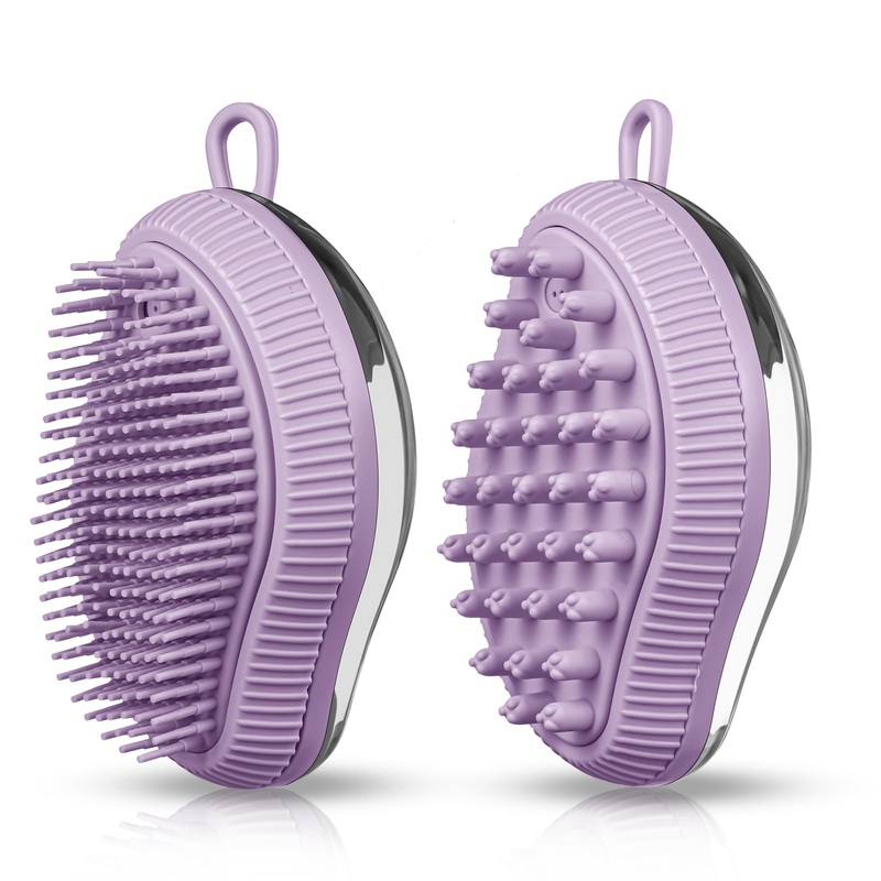 Pet Grooming Bath Massage Brush with Soap and Shampoo Dispenser Soft Silicone Bristle for Long Short Haired Dogs Cats (PURPLE) Purple