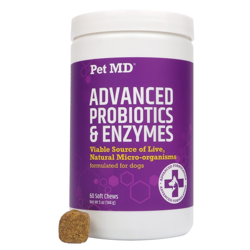 Pet MD Probiotics & Enzymes for Dogs – Gut Health Chews with Prebiotics – Digestive Aid for Dogs with Upset Stomach, Diarrhea, Constipation, or Gas – Functional Probiotics for Dogs – 60 ct