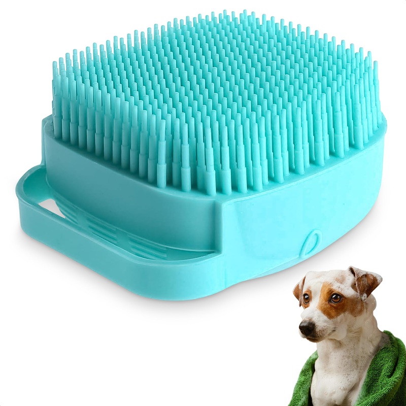 Silicone Pet Hair Brush and Shampoo Dispenser – Dog and Cat Bath Scrubber with Soap Dispenser for Indoor Pets 1 Pack