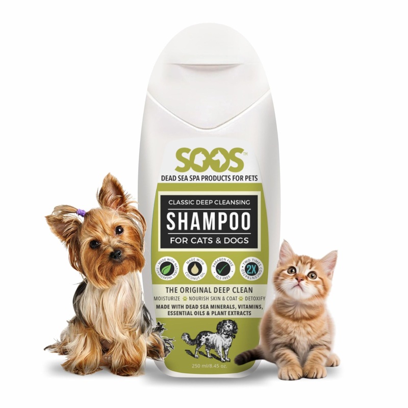 Soos Pets Dog Shampoo for Cats and Pets Natural Dead Sea Classic Deep Cleansing Fast Absorbing Coat with Vitamins Minerals Essential Oils Natural Ingredients Antib-acterial – 1x Pet Shampoo (250ml)