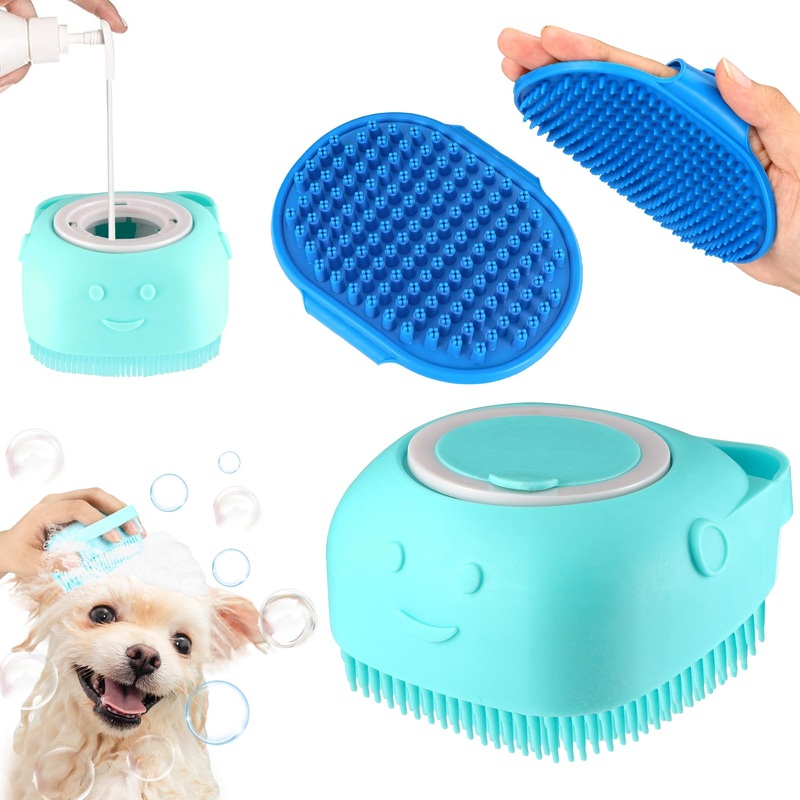 VIWIK 3PCS Dog Bath Brush, Dog Scrubber for Bath, Dog Bath Supplies, Dog Shampoo Brush with Adjustable Ring Handle, Bathing and Massaging Brush Christmas Gifts for Long Short Haired Dogs and Cats Blue Brush-3PCS