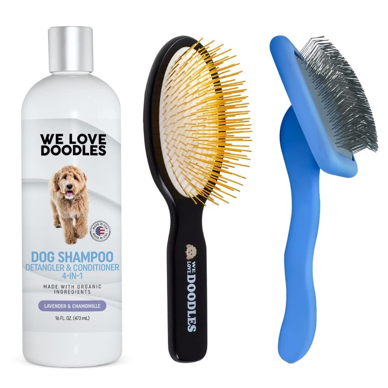We Love Doodles Dog Slicker Brush & Pin Brush & Dog Shampoo – Goldendoodle Slicker Brush & Goldendoodle Shampoo – Doodle Grooming Kit – Doodle Slicker Brush and Doodle Shampoo