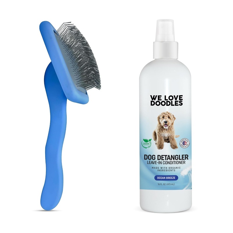 We Love Doodles Large Dog Slicker Brush & Ocean Breeze Detangler Spray Bundle – Goldendoodle Brush & Goldendoodle Spray Kit – Made in USA
