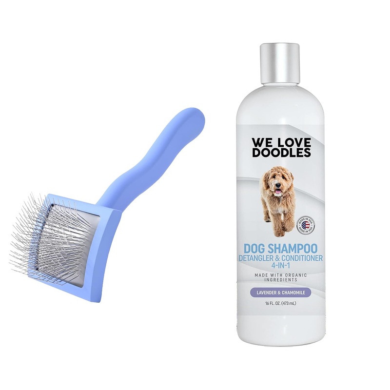 We Love Doodles Small Curved Slicker Brush and 4-in-1 Dog Shampoo (Lavender) Bundle – Goldendoodle Brush for Dematting & Shedding – Shampoo for Goldendoodles, Poodles & Doodles – Made In USA