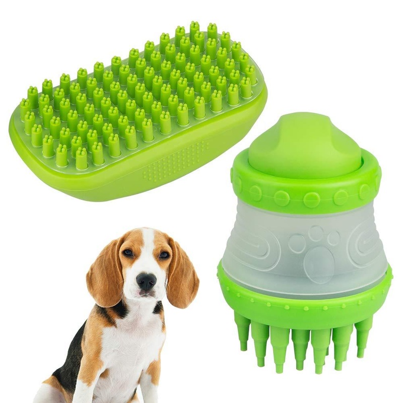 YuCool Pet Dog Cat Bath Massage Brush Comb, Shedding Hair Remover with Catching Screen and Shampoo Dispenser Silicone Bristle for Long and Short Hair Medium Large Pets Shampooing and Shower-Green