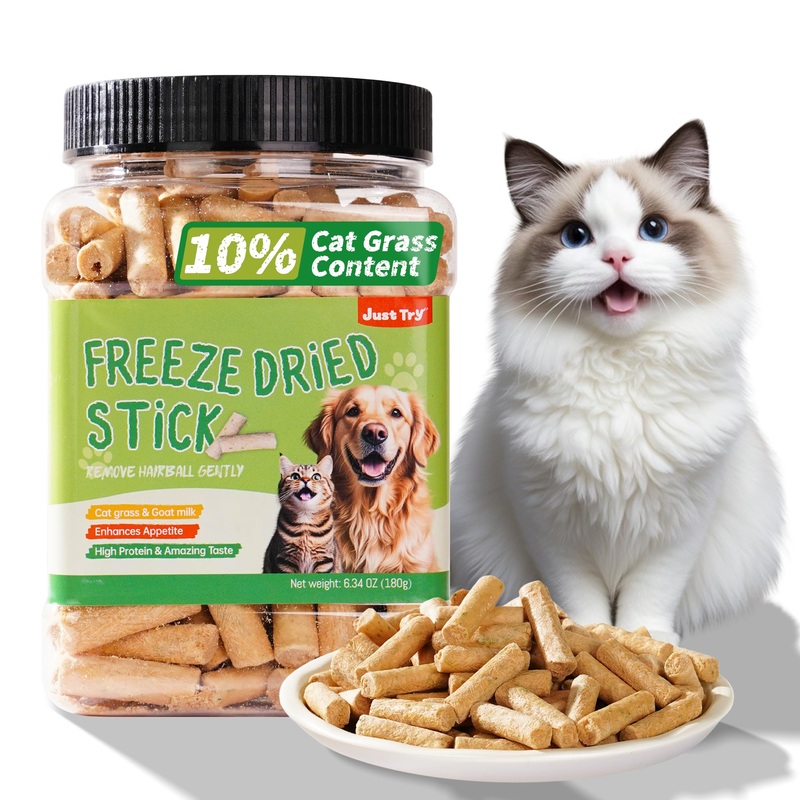 6.34OZ Cat Treat, Freeze Dried Cat Grass Teething Stick, Healthy Training Treats or Food Topper, Hairball Removal and Teeth Cleaning for Indoor Cats