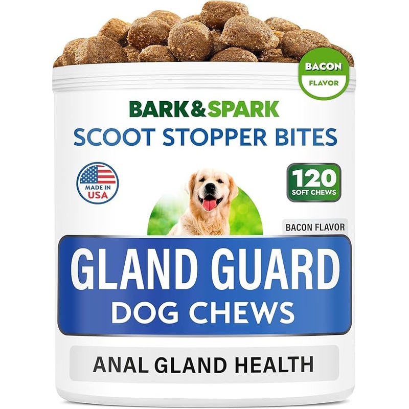 BARK&Spark Gland Guard – Anal Gland Support – Scoot Treatment – Prebiotics & Digestive Enzymes Supplement for Dogs Digestion & Gut Health. Proprietary Blend: Beet, Psyllium, Dandelion & Pumpkin 120Ct Bacon