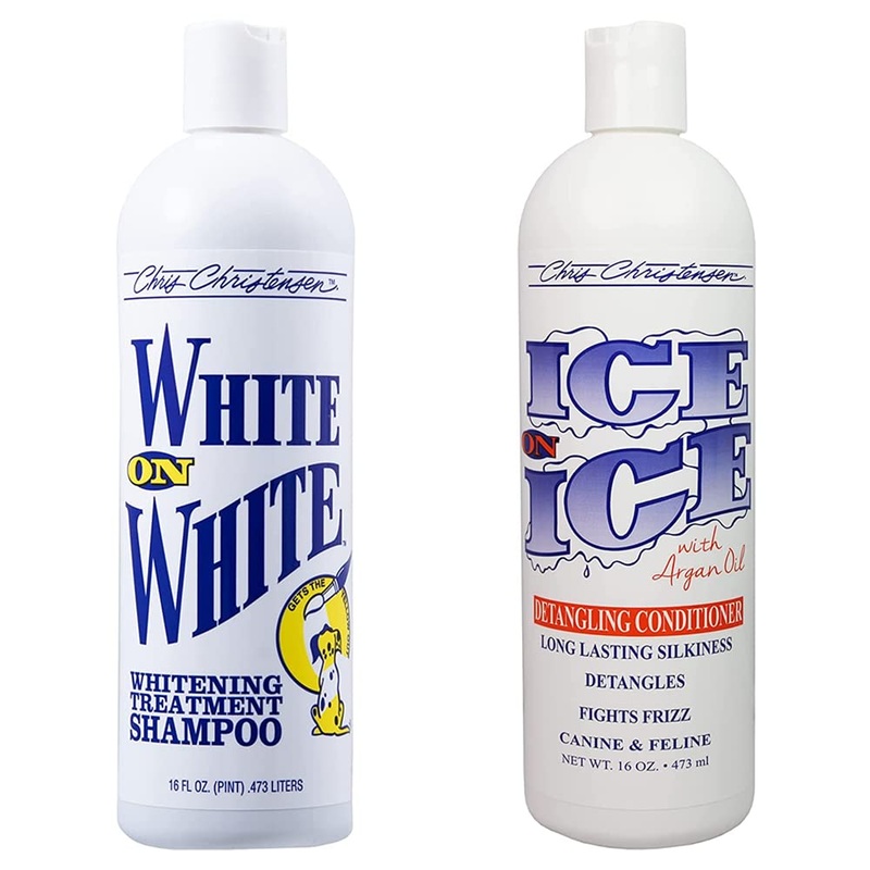 Chris Christensen Groomer’s Bundle – White on White Treatment Dog Shampoo, Brightens Whites, Safely Removes Yellow – Ice on Ice Detangling Dog Conditioner, Demat and Detangle, Long Lasting Silkiness