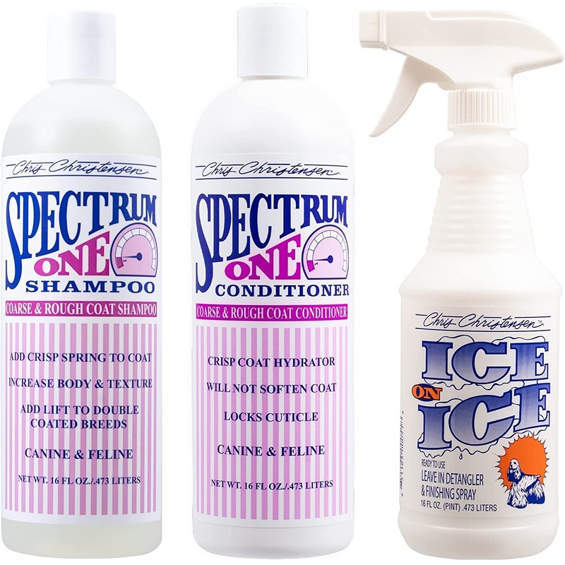 Chris Christensen Shampoo & Conditioner 16 oz Bundle – Spectrum One Shampoo + Spectrum One Conditioner +Ice on Ice Dentangling/Finishing Spray, Groom Like a Professional, Made in USA