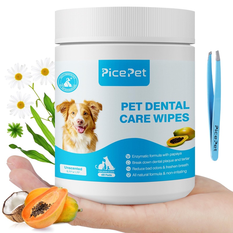 Enzymatic Finger Grooming Wipe for Pets – Reduce Dental Plaque, Tartar & Freshen Breath – All Natural, Non-Irritating Ingredients – Unscented, Double Sided (60 Pcs) Teeth Wipes