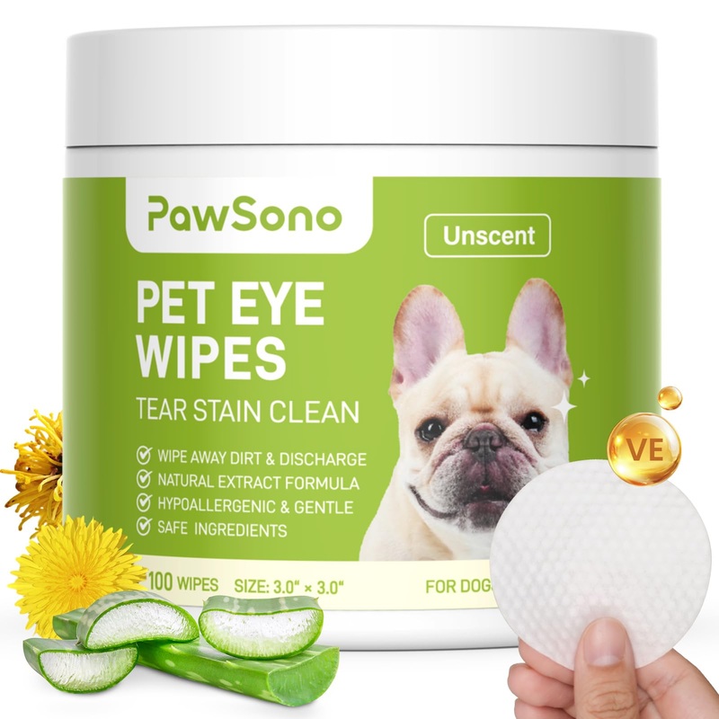 Eye Wipes for Dogs & Cats, Hypoallergenic Dog Eye Wipes Cleaner, Natural Cleaning Grooming Pet Wipes Gently Remove Tear Stain, Eye Debris, Discharge, Mucus, Non-Irritating, Unscent, 100 PCS Unscented