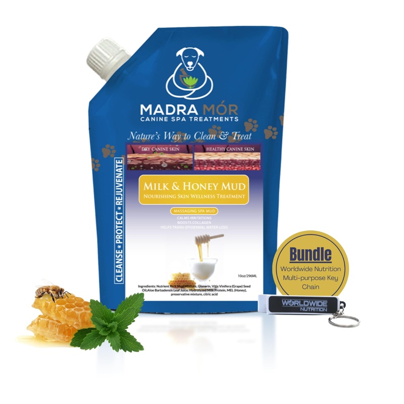 Madra Mor Milk & Honey Mud Spa Bath for Dogs | Dog Bath for Dog Grooming | 10oz Pouch Mud Bath Dog Essentials with Multi-Purpose Key Chain