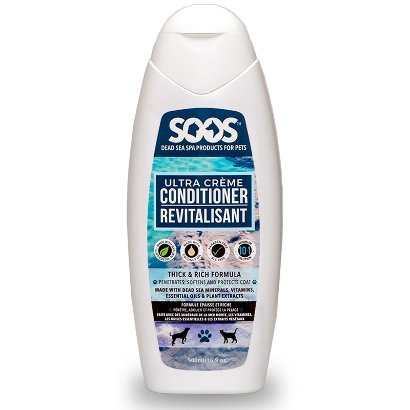 Soos Pet Dog Conditioner for Cats and Pets Ultra Crme Natural Dead Sea Minerals Smoothness Polish Deeply Absorbing with Vitamins Essential Oils Natural Ingredients – 1x Pet Conditioner (500ml)