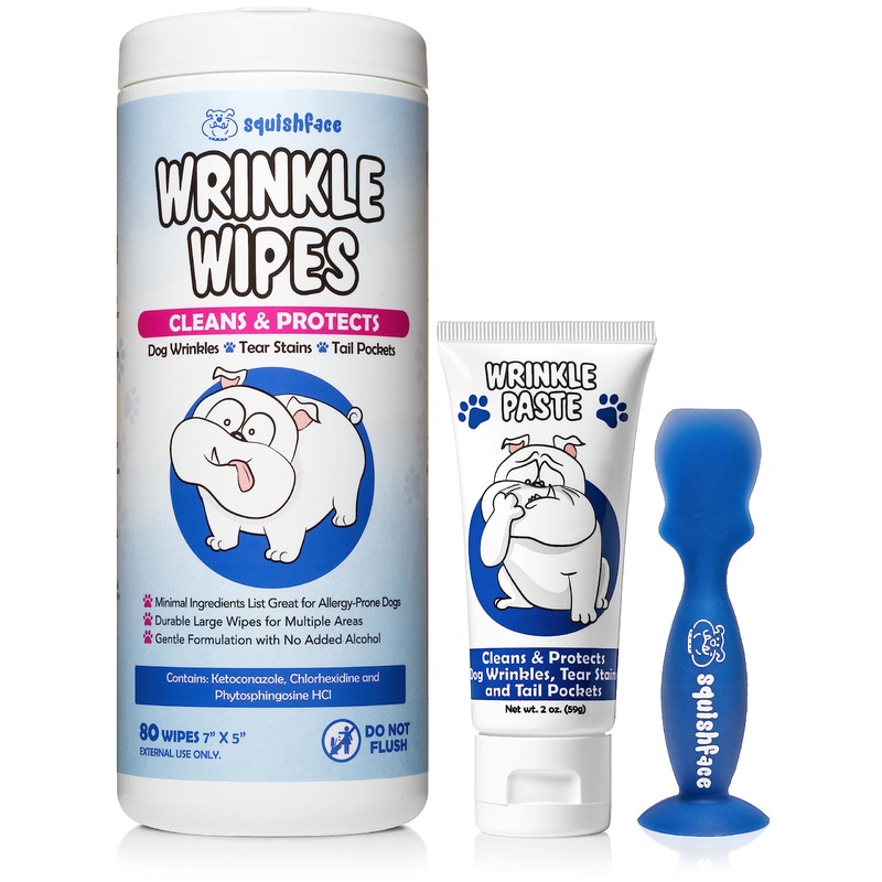 Squishface Wrinkle Paste + Wrinkle Wipes + Flexible Silicone Dog Wrinkle Cream Applicator Bundle – Softer, Cleaner Way to Clean Your Dog’s Face – Great for All Breeds!