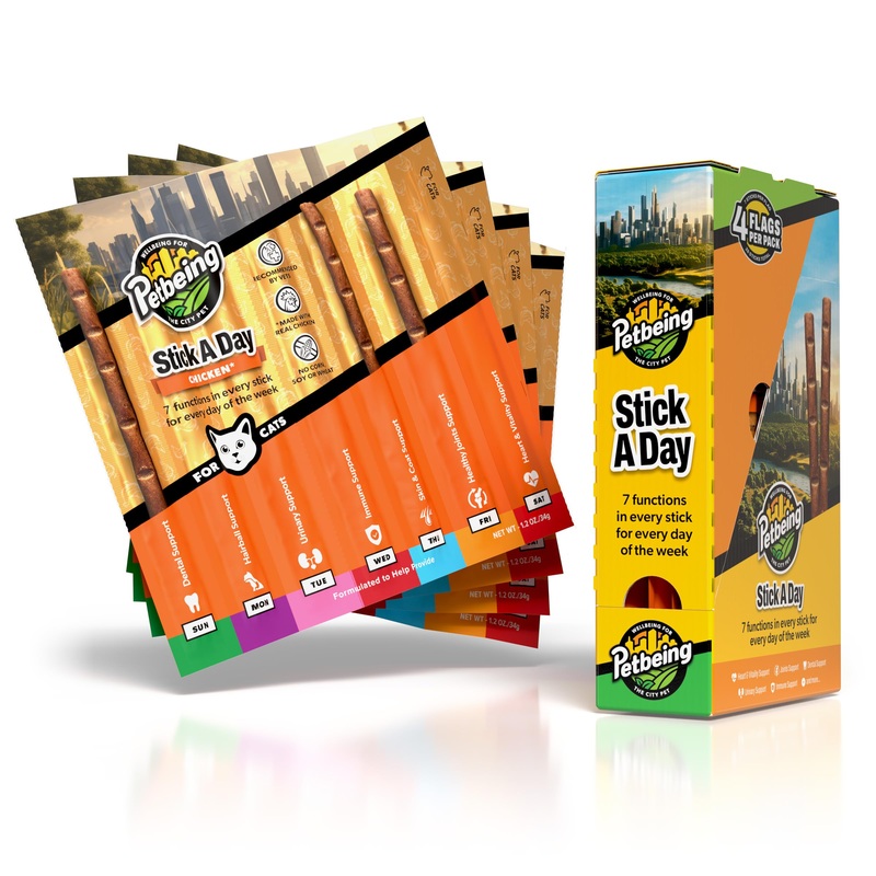 Stick a Day | Specially Formulated 7-in-1 Functions Daily Real Meat Supplement for Cats | Cat Chew Stick & Pet Vitamins Supplements Combination (7-Pack x 4, Chicken) 7-Pack x 4