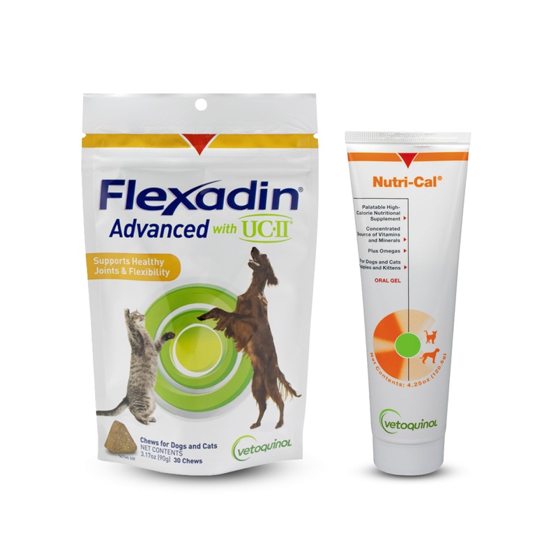 Vetoquinol Flexadin Advanced Hip and Joint Chews for Dogs and Cats and Nutri-Cal High Calorie Supplement Bundle