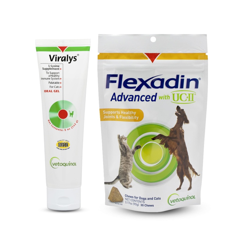 Vetoquinol Viralys Gel L-Lysine Supplement for Cats, 5 oz Tube and Flexadin Advanced Hip and Joint Supplement for Dogs and Cats Bundle