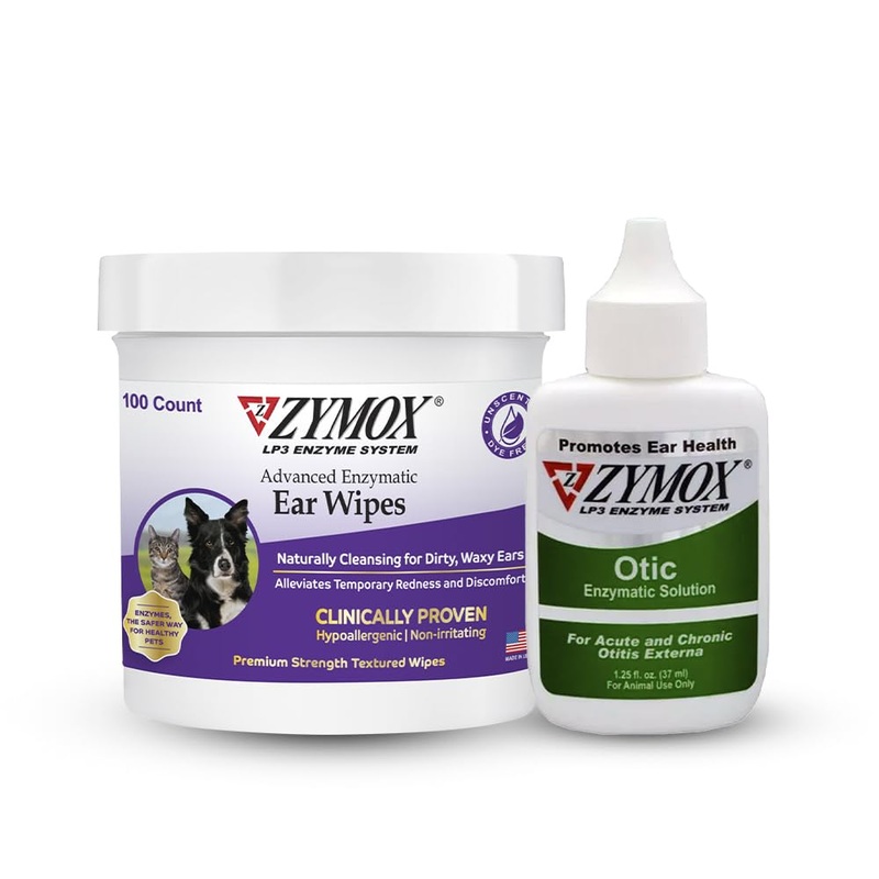 ZYMOX Enzymatic Ear Wipes and Otic Ear Solution Hydrocortisone Free for Dogs and Cats – Product Bundle – For Dirty, Waxy, Smelly Ears and to Soothe Ear Infections, 100 Count Wipes and 1.25oz bottle