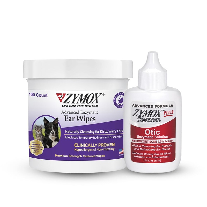 Zymox Enzymatic Ear Wipes and Otic Plus Advanced Ear Solution for Dogs and Cats – Product Bundle – for Dirty, Waxy, Smelly Ears and to Soothe Ear Infections, 100 Count Wipes and 1.25oz Bottle