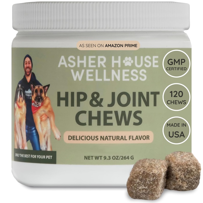 Asher House Wellness Hip and Joint Supplement for Dogs – Natural Soft Chew with MSM, Chondroitin, Glucosamine, Vitamins – Promotes Joint Health & Pain Relief Senior & All Dog Breeds, Large, 120 Chews