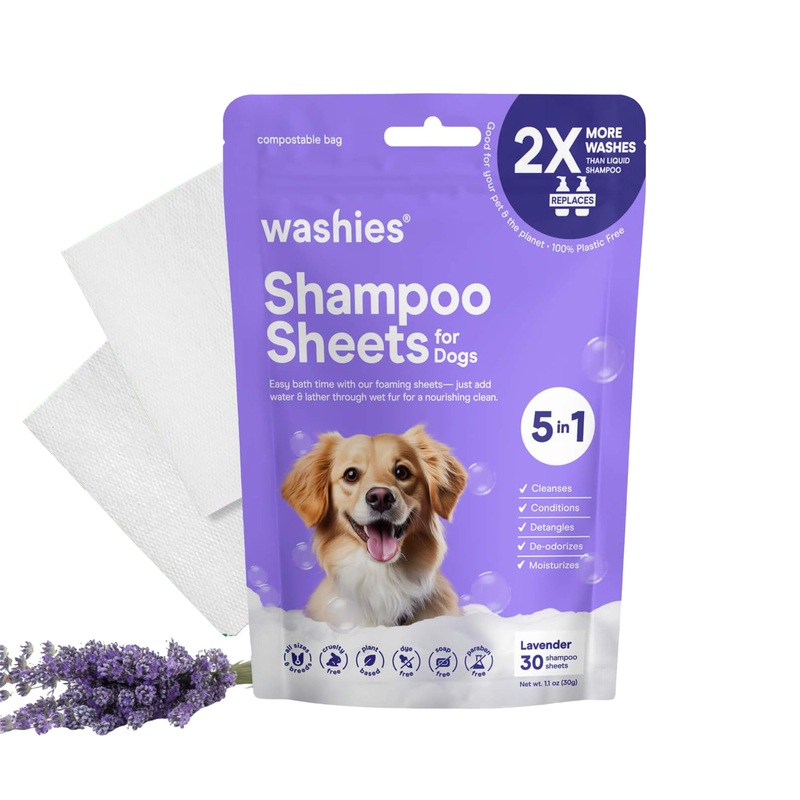 Dog Shampoo Sheets, 2X Washes Than Liquid Dog Bathing Supplies, Water Activated Puppy Shampoo & Dog Bath Supplies, Poodle Shampoo for Dog Bath, Dog Shampoo for Smelly Dogs (Lavender 30ct) Washies Dog Shampoo Sheets (Lavender 30ct)