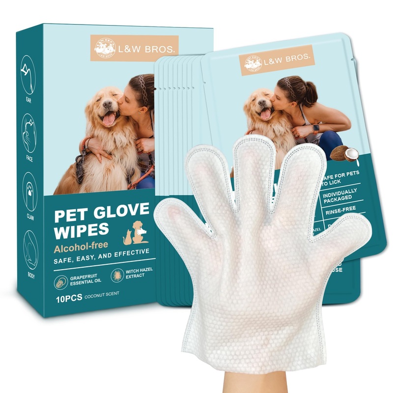 L&W BROS. Dog Wipes Gloves 10PCS Individually Packaged, Flush-Free, Alcohol-Free, and for Convenient Grooming Cleaning Deodorizing Hypoallergenic Wipes Disposable Premium Pet Wipes (Coconut Scent) Coconut 10PC