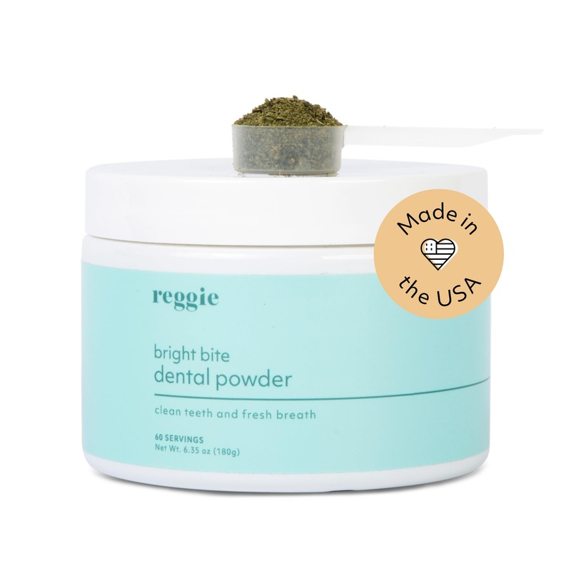 Reggie Bright Bite Dental Powder for Dogs | Reduces Bad Breath, Plaque, Tartar | Made in The USA, Organic, Vet-Approved, Ideal for All Ages & Breeds – 60 Scoops