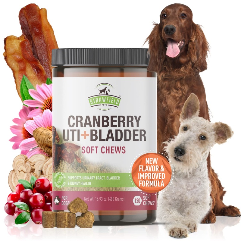 Strawfield Pets’ Cranberry UTI + Bladder Soft Chews Cranberry Supplement for Dogs Urinary Tract – Bacon Flavor 120 Chews Delicious Bacon