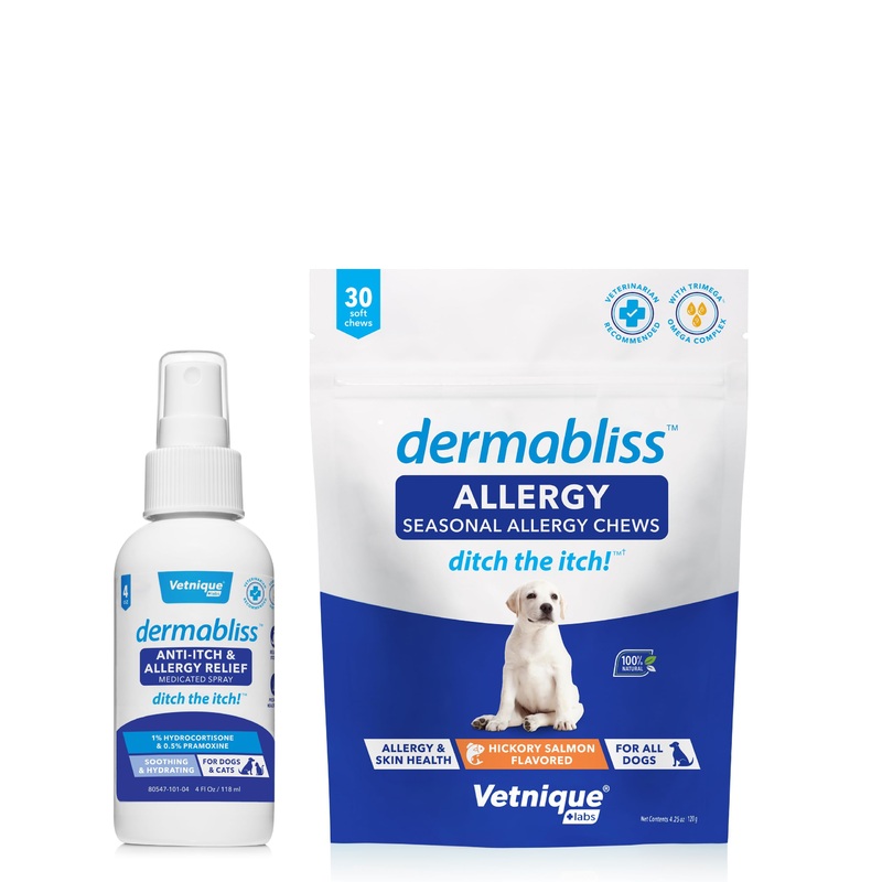 Vetnique Dermabliss Dog Allergy Anti Itch Spray (4oz) & Dermabliss Itch Relief Allergy Soft Chew Supplement (30ct)