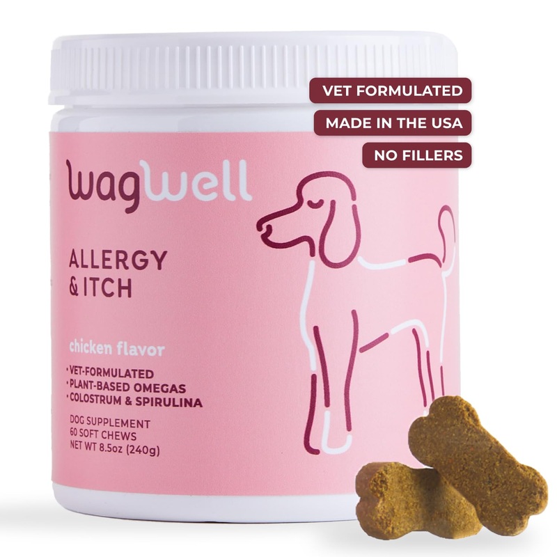 WagWell Allergy and Itch Chews  Chicken Flavored Dog Allergy Chews  Plant Based Dog Chews with Colostrum and Spirulina  Dog Skin and Coat Supplement for Itch Relief and Digestive Health, 60 Chews