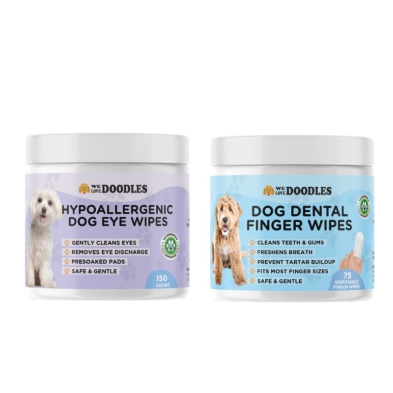 We Love Doodles Dog Teeth Cleaning Wipes & Dog Eye Wipes- Pet Dental Finger Wipes for Dogs, Freshens Breath Dog Dental Wipes, Pre-Soaked Pet Eye Wipes Pads, Safe Dog Eye Cleaner