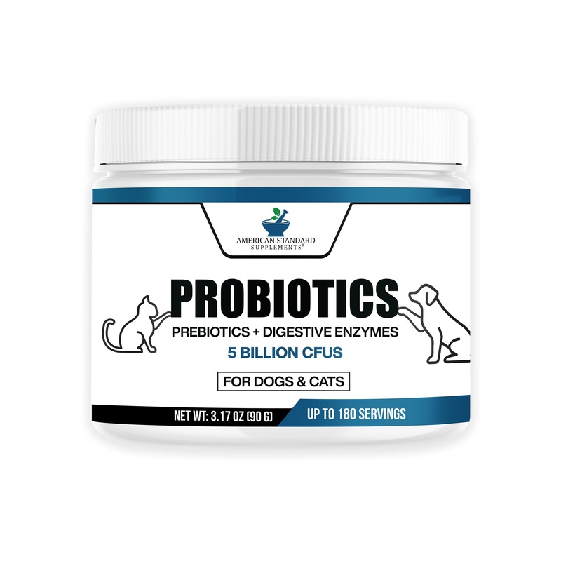 American Standard Supplements Probiotics for Dogs & Cats with Prebiotics & Digestive Enzymes, 5 Billion CFU, 9 Strains, 3.17oz (90g), 180 Servings – Dog & Cat Probiotics for Gut Health & Digestion