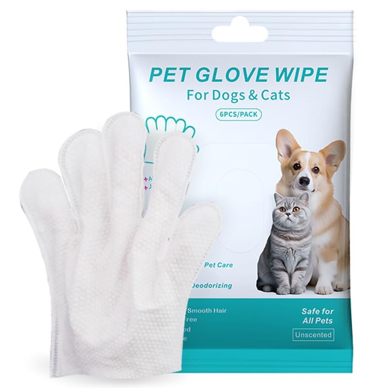 Cleaning Glove for Dog and Cat, Wipes Gloves for Dog and Cat Fur Face, Ear, Eye, Paws Cleaning Wipes Pet Wash Free Gloves, Grooming Wipes for Pet No Rinse Thick Dog Wipes Gloves(6 Pcs)